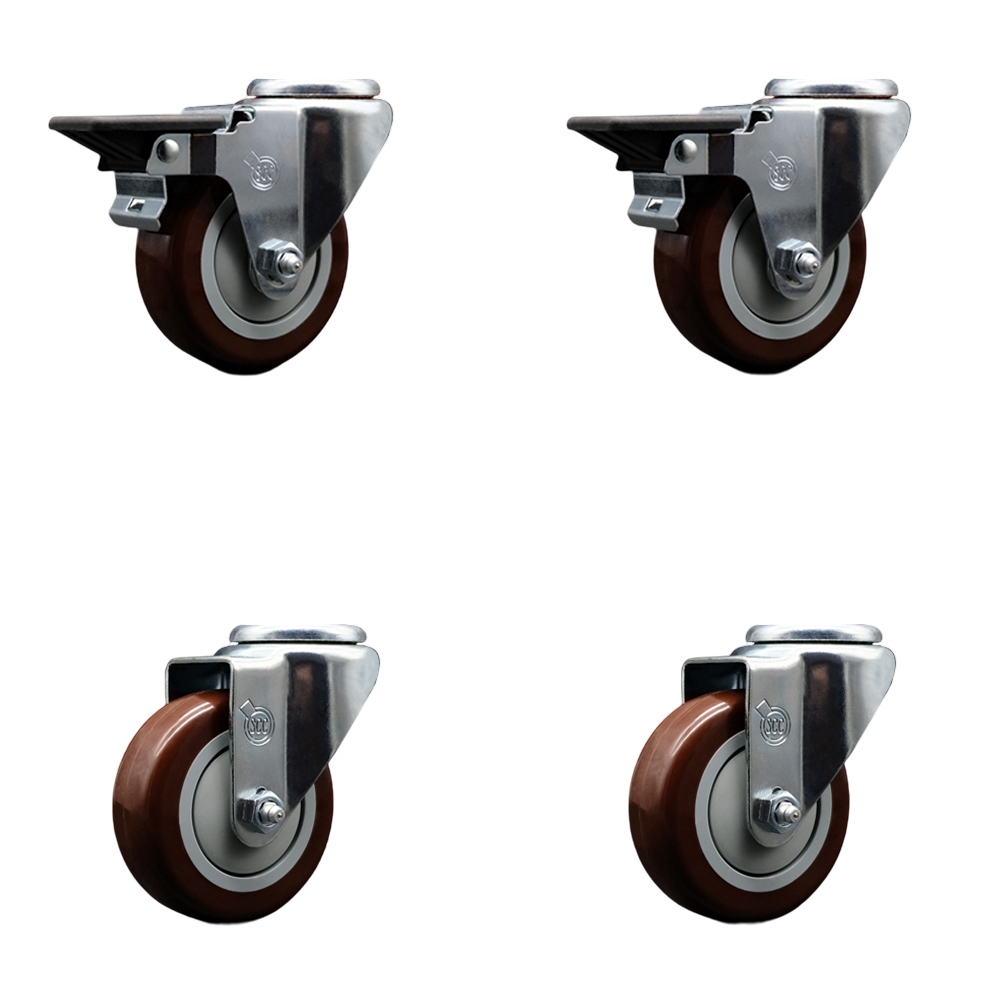 Polyurethane Swivel Bolt Hole Caster Set of 4 w/3.5" x 1.25" Maroon Wheels - Includes 2 with Posi Locking Brakes - 1200 lbs Total Capacity - Service Caster Brand — photo 1