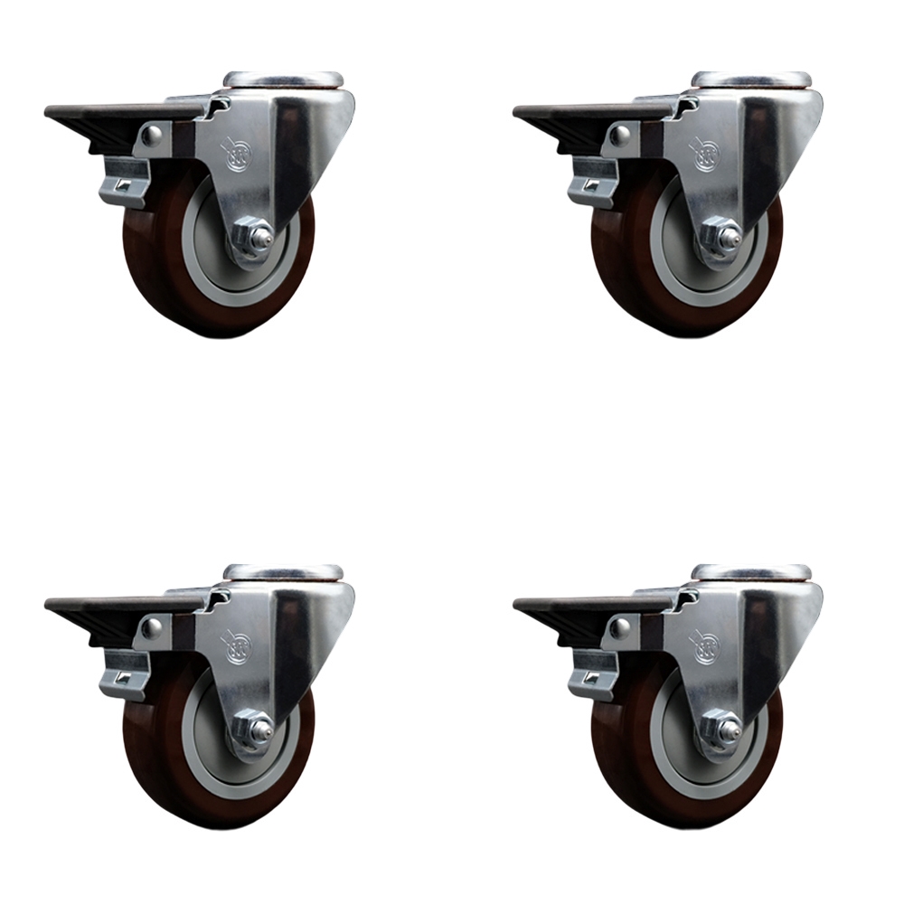 Polyurethane Swivel Bolt Hole Caster Set of 4 w/3.5" x 1.25" Maroon Wheels - Includes 4 Swivel with Posi Lock Brakes - 1200 lbs Total Capacity - Service Caster Brand — photo 1