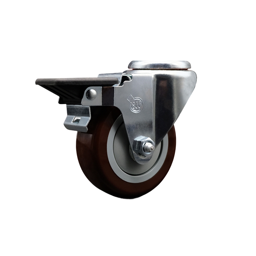 Polyurethane Swivel Bolt Hole Caster w/3.5" x 1.25" Maroon Wheel & Posi Locking Brake - 300 lbs Capacity/Caster - Service Caster Brand — photo 1