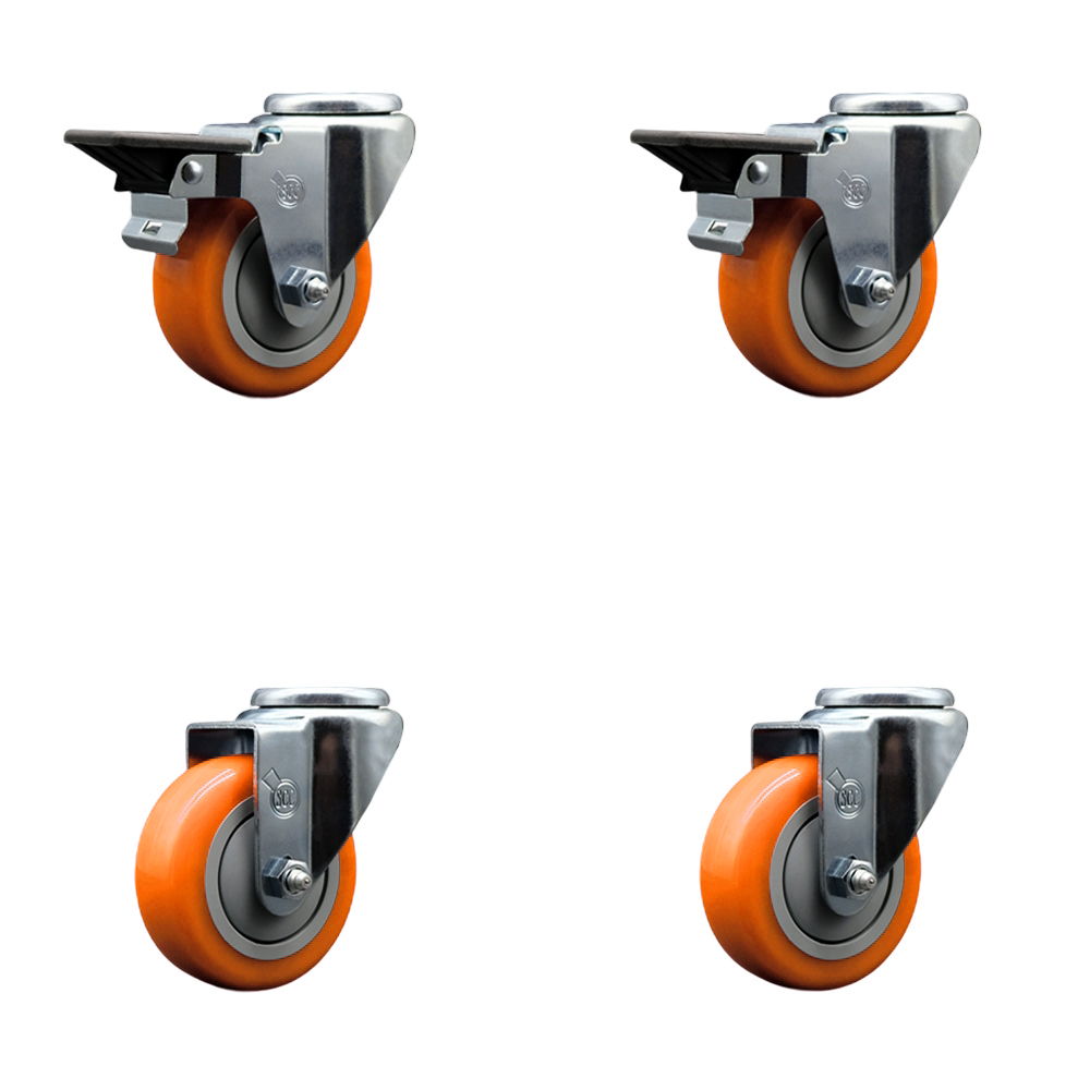 Polyurethane Swivel Bolt Hole Caster Set of 4 w/3.5" x 1.25" Orange Wheels - Includes 2 with Posi Locking Brakes - 1200 lbs Total Capacity - Service Caster Brand — photo 1