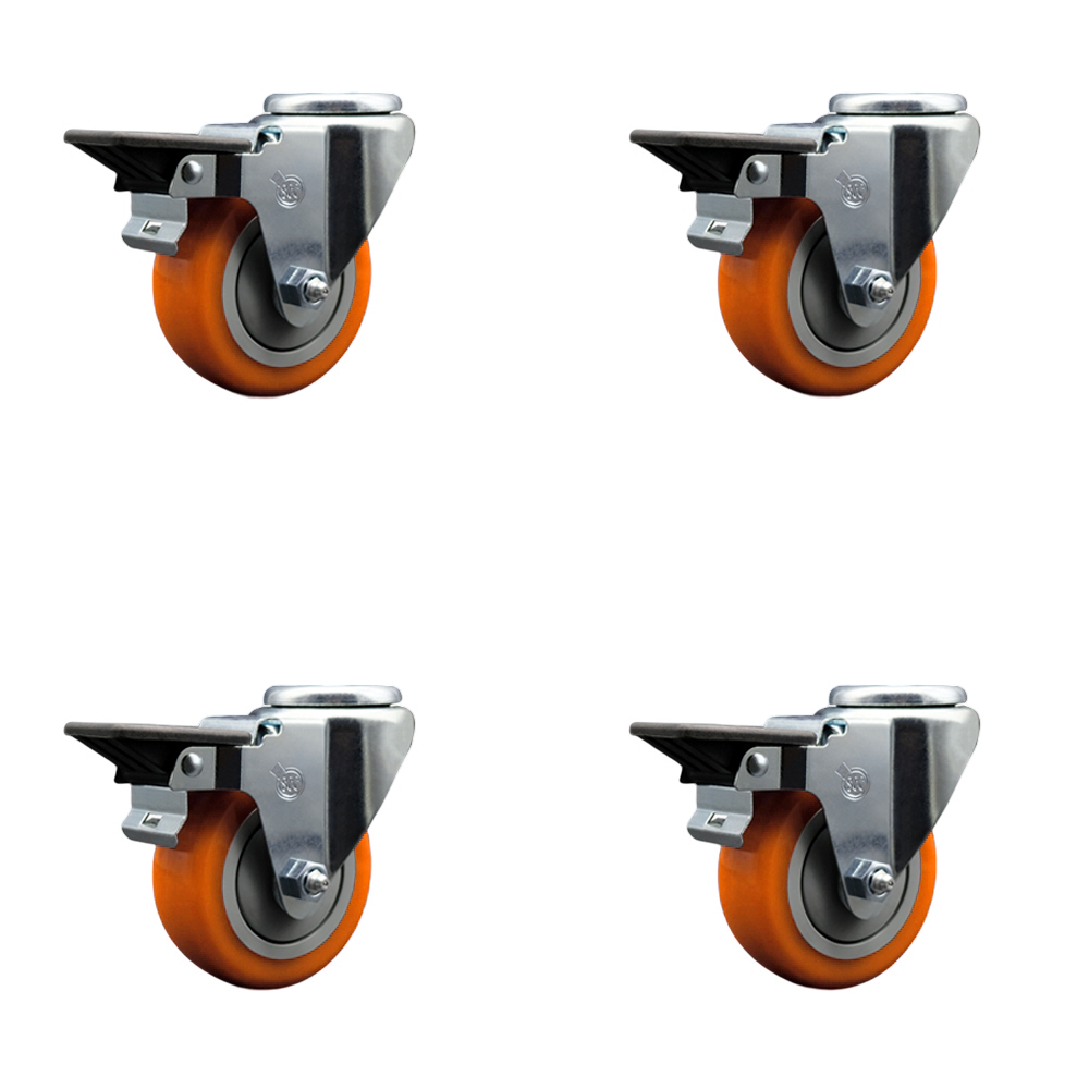 Polyurethane Swivel Bolt Hole Caster Set of 4 w/3.5" x 1.25" Orange Wheels - Includes 4 Swivel with Posi Lock Brakes - 1200 lbs Total Capacity - Service Caster Brand — photo 1