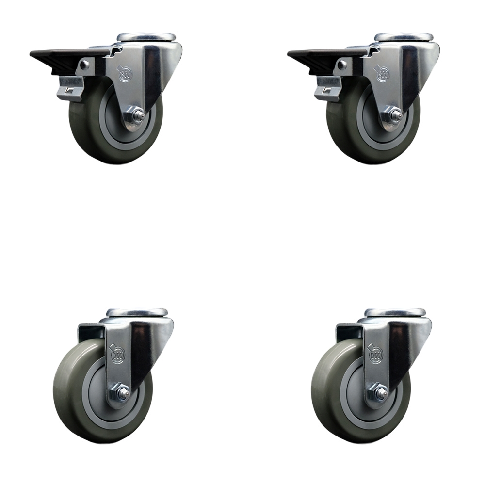 Polyurethane Swivel Bolt Hole Caster Set of 4 w/3.5" x 1.25" Gray Wheels - Includes 2 with Posi Locking Brakes - 1200 lbs Total Capacity - Service Caster Brand — photo 1