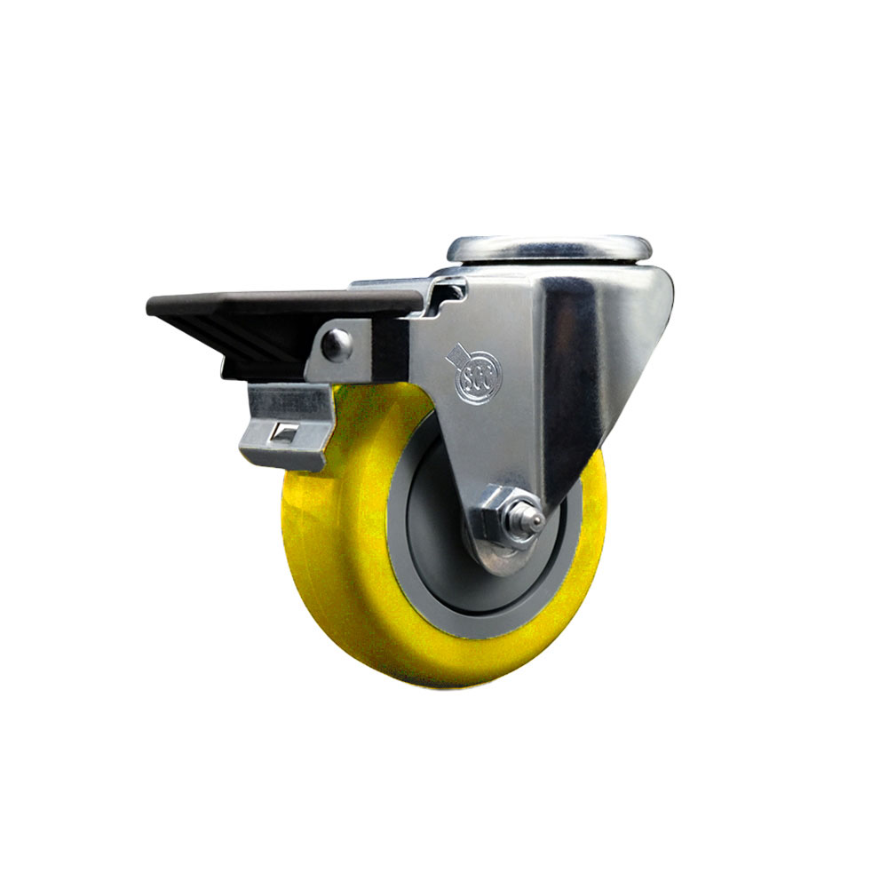Polyurethane Swivel Bolt Hole Caster w/3.5" x 1.25" Yellow Wheel & Posi Locking Brake - 300 lbs Capacity/Caster - Service Caster Brand — photo 1