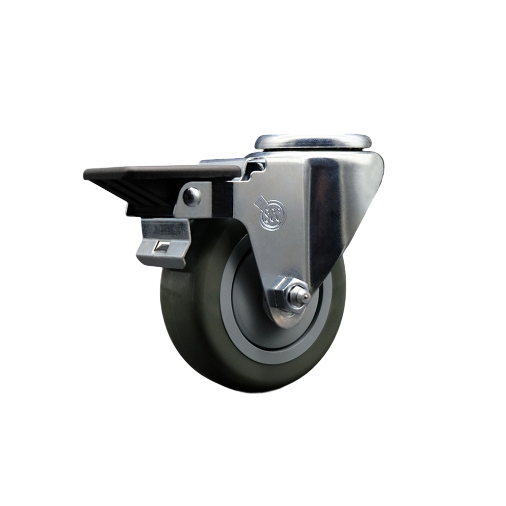 Polyurethane Swivel Bolt Hole Caster w/3.5" x 1.25" Gray Wheel & Posi Locking Brake - 300 lbs Capacity/Caster - Service Caster Brand — photo 1