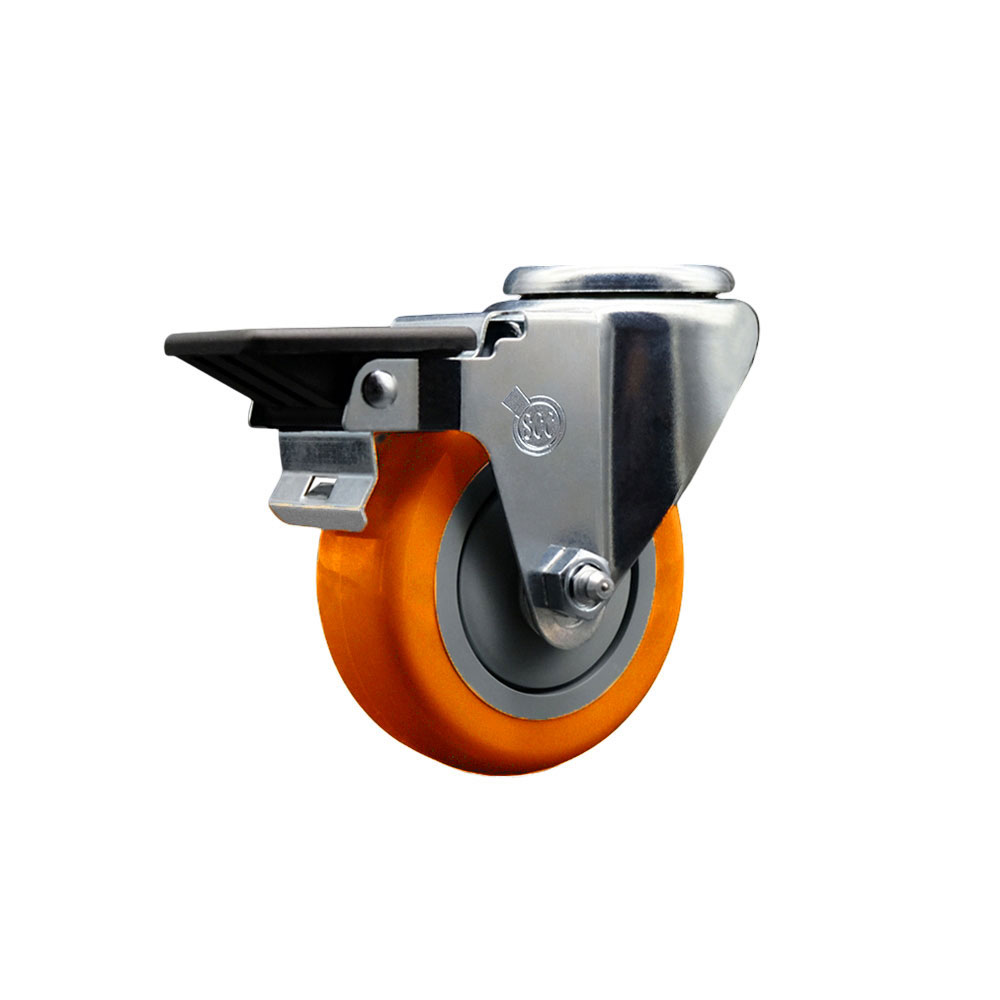 Polyurethane Swivel Bolt Hole Caster w/3.5" x 1.25" Orange Wheel & Posi Locking Brake - 300 lbs Capacity/Caster - Service Caster Brand — photo 1