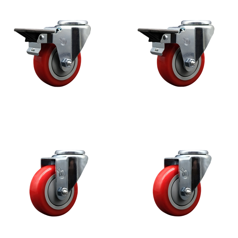 Polyurethane Swivel Bolt Hole Caster Set of 4 w/3.5" x 1.25" Red Wheels - Includes 2 with Posi Locking Brakes - 1200 lbs Total Capacity - Service Caster Brand — photo 1