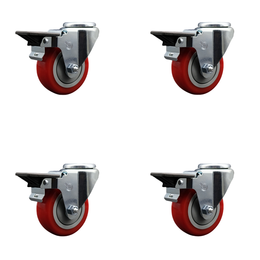 Polyurethane Swivel Bolt Hole Caster Set of 4 w/3.5" x 1.25" Red Wheels - Includes 4 Swivel with Posi Lock Brakes - 1200 lbs Total Capacity - Service Caster Brand — photo 1