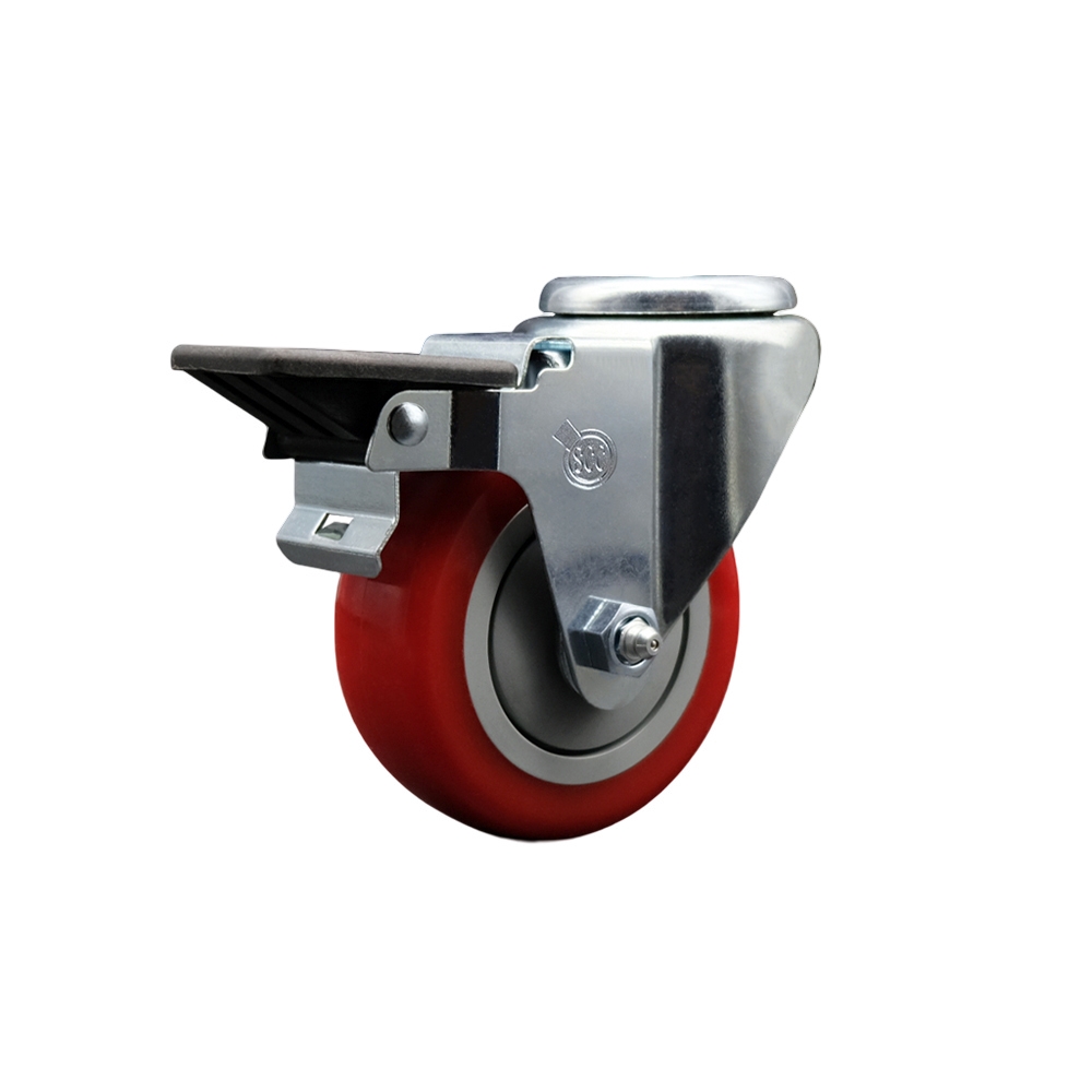 Polyurethane Swivel Bolt Hole Caster w/3.5" x 1.25" Red Wheel & Posi Locking Brake - 300 lbs Capacity/Caster - Service Caster Brand — photo 1