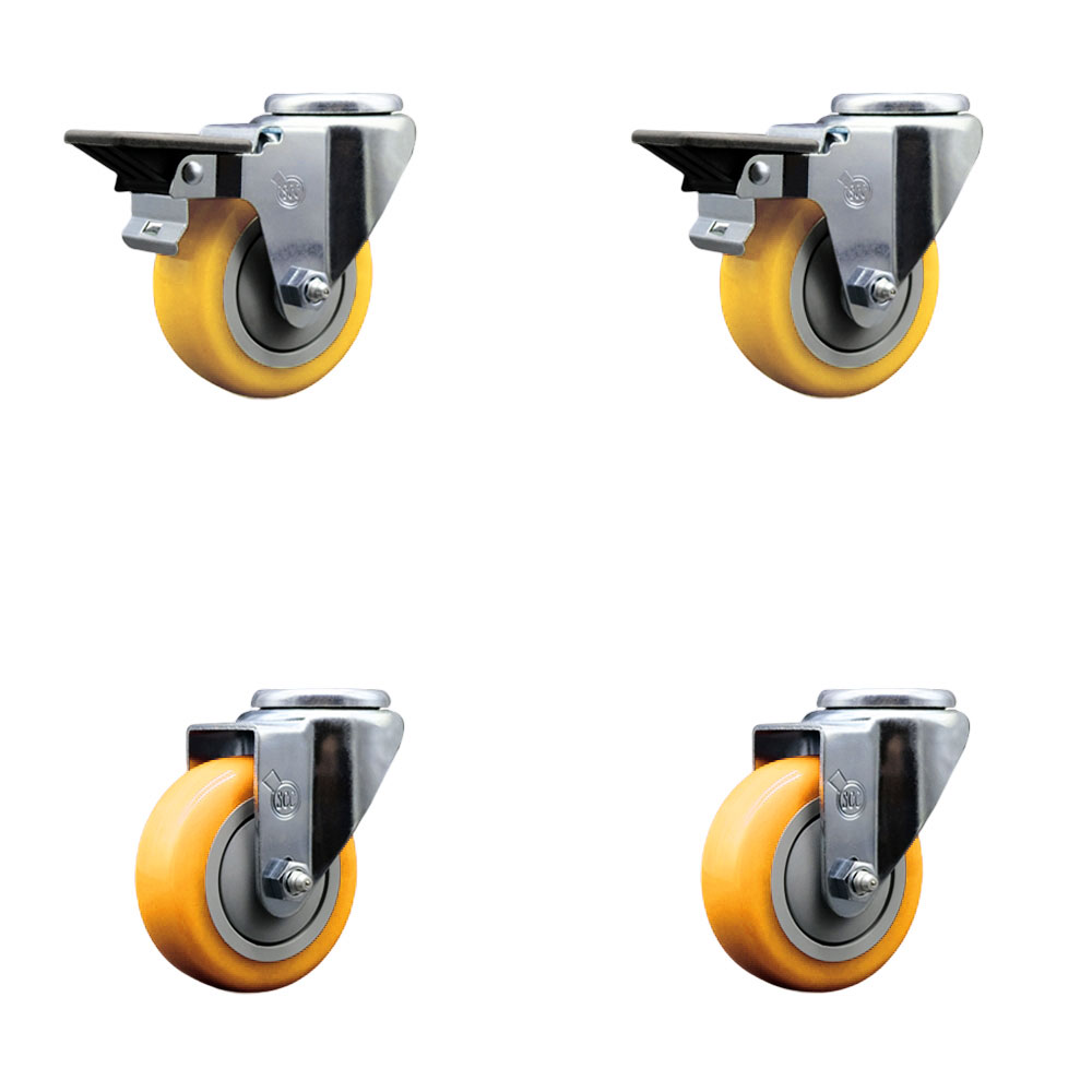 Polyurethane Swivel Bolt Hole Caster Set of 4 w/3.5" x 1.25" Yellow Wheels - Includes 2 with Posi Locking Brakes - 1200 lbs Total Capacity - Service Caster Brand — photo 1