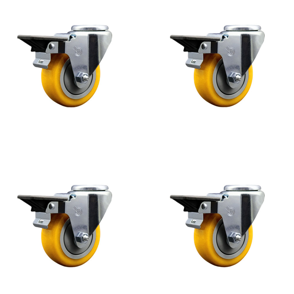 Polyurethane Swivel Bolt Hole Caster Set of 4 w/3.5" x 1.25" Yellow Wheels - Includes 4 Swivel with Posi Lock Brakes - 1200 lbs Total Capacity - Service Caster Brand — photo 1
