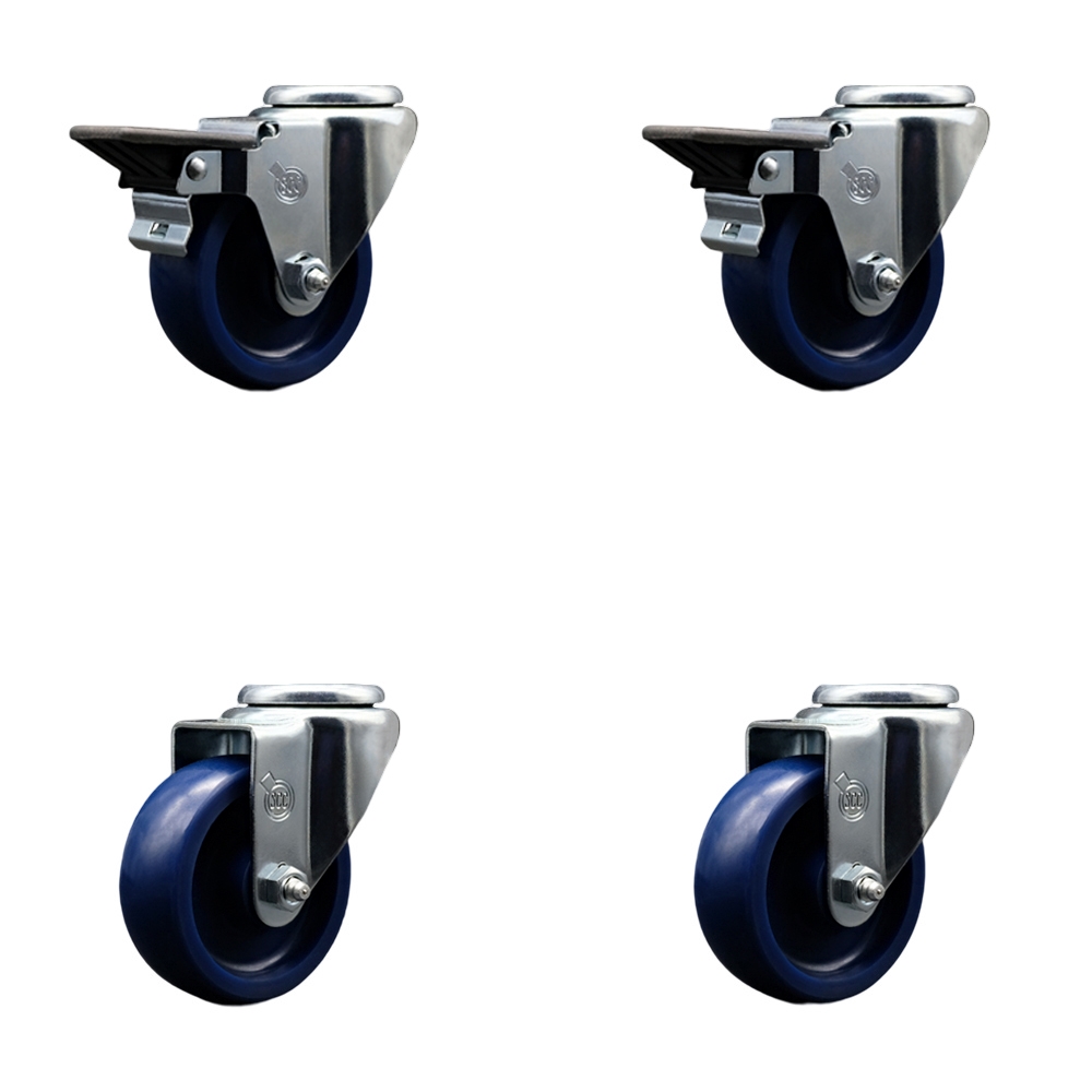 Solid Polyurethane Swivel Bolt Hole Caster Set of 4 w/3.5" x 1.25" Blue Wheels - Includes 2 with Posi Locking Brakes - 1200 lbs Total Capacity - Service Caster Brand — photo 1