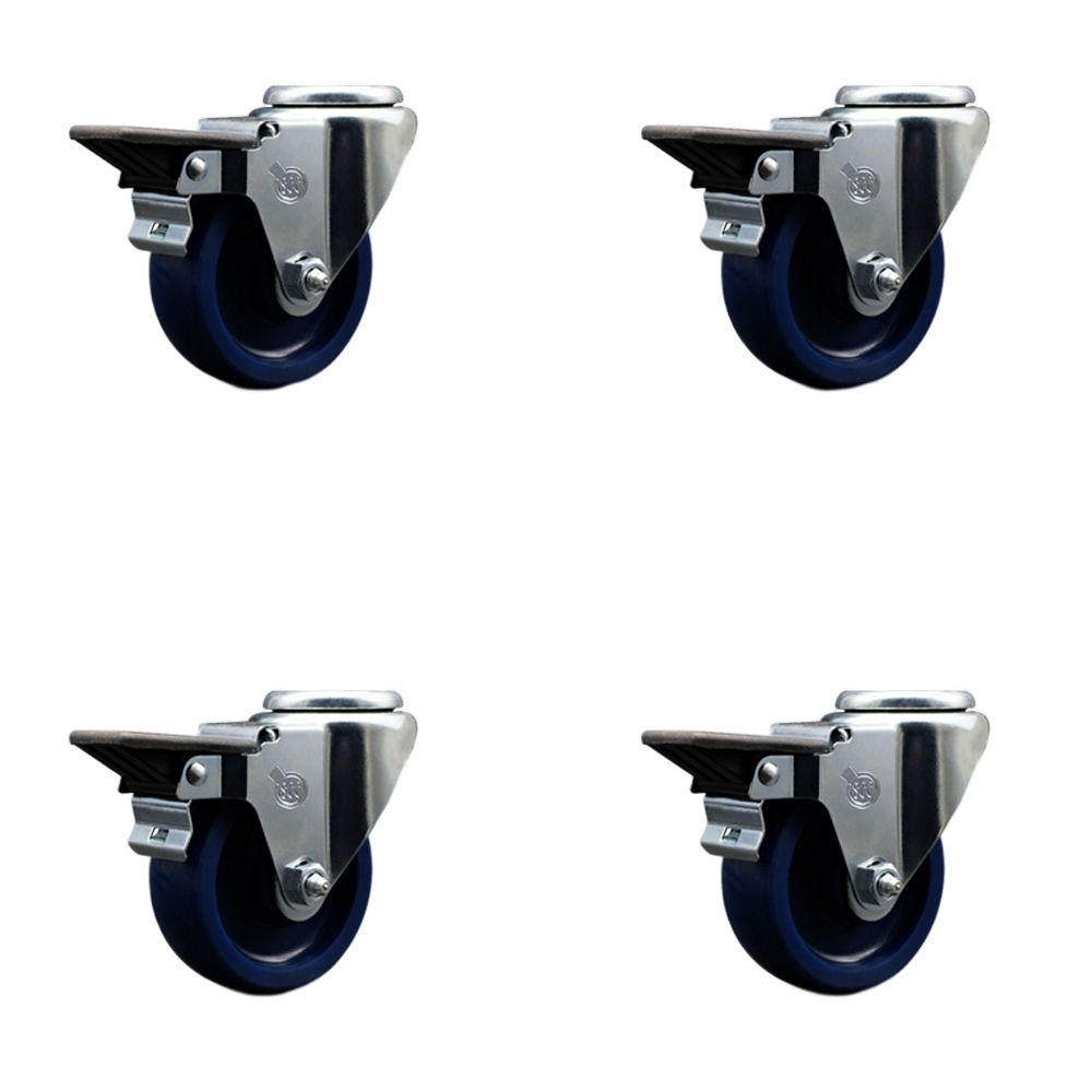 Solid Polyurethane Swivel Bolt Hole Caster Set of 4 w/3.5" x 1.25" Blue Wheels - Includes 4 Swivel with Posi Lock Brakes - 1200 lbs Total Capacity - Service Caster Brand — photo 1
