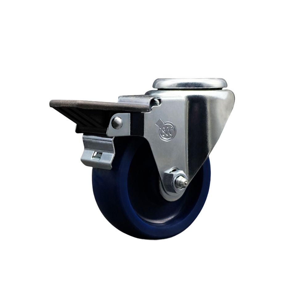 Solid Polyurethane Swivel Bolt Hole Caster w/3.5" x 1.25" Blue Wheel & Posi Locking Brake - 300 lbs Capacity/Caster - Service Caster Brand — photo 1