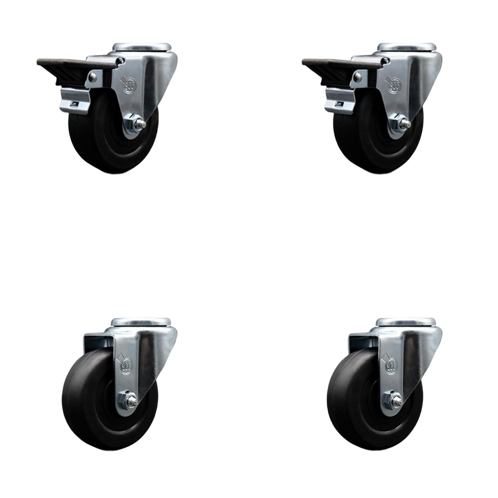 Soft Rubber Swivel Bolt Hole Caster Set of 4 w/3.5" x 1.25" Black Wheels - Includes 2 with Posi Locking Brakes - 800 lbs Total Capacity - Service Caster Brand — photo 1