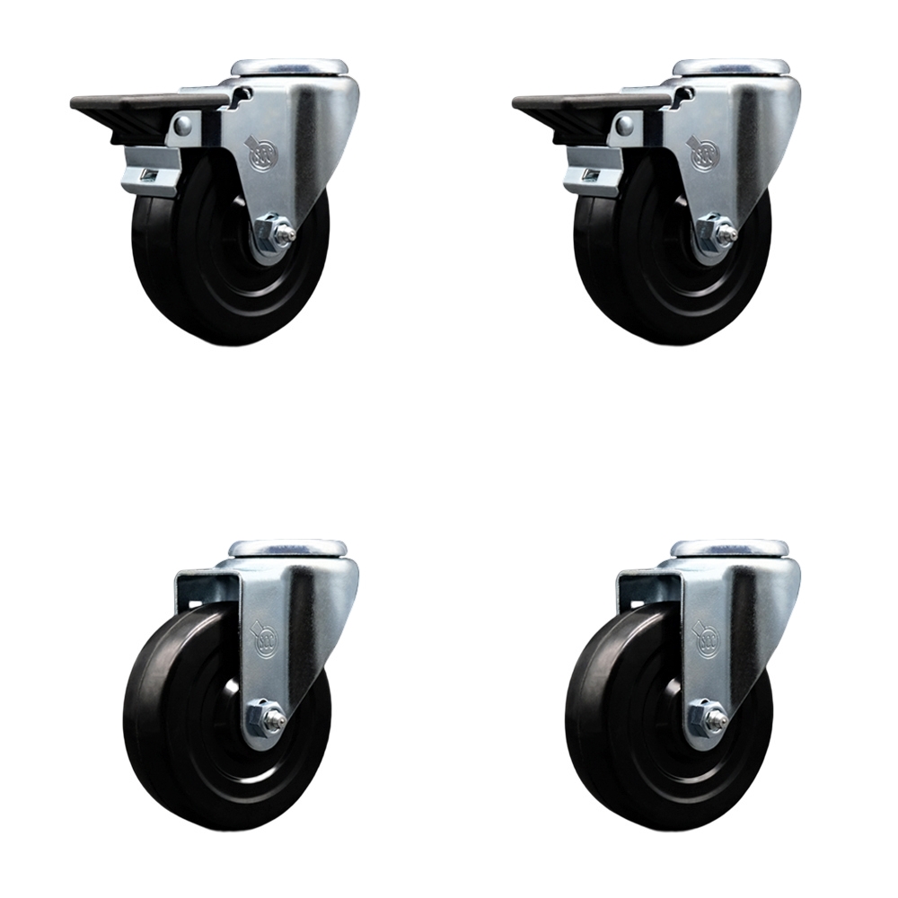 Hard Rubber Swivel Bolt Hole Caster Set of 4 w/4" x 1.25" Black Wheels - Includes 2 with Posi Locking Brakes - 1200 lbs Total Capacity - Service Caster Brand — photo 1