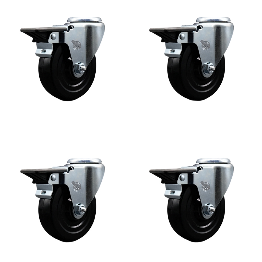 Hard Rubber Swivel Bolt Hole Caster Set of 4 w/4" x 1.25" Black Wheels - Includes 4 Swivel with Posi Lock Brakes - 1200 lbs Total Capacity - Service Caster Brand — photo 1