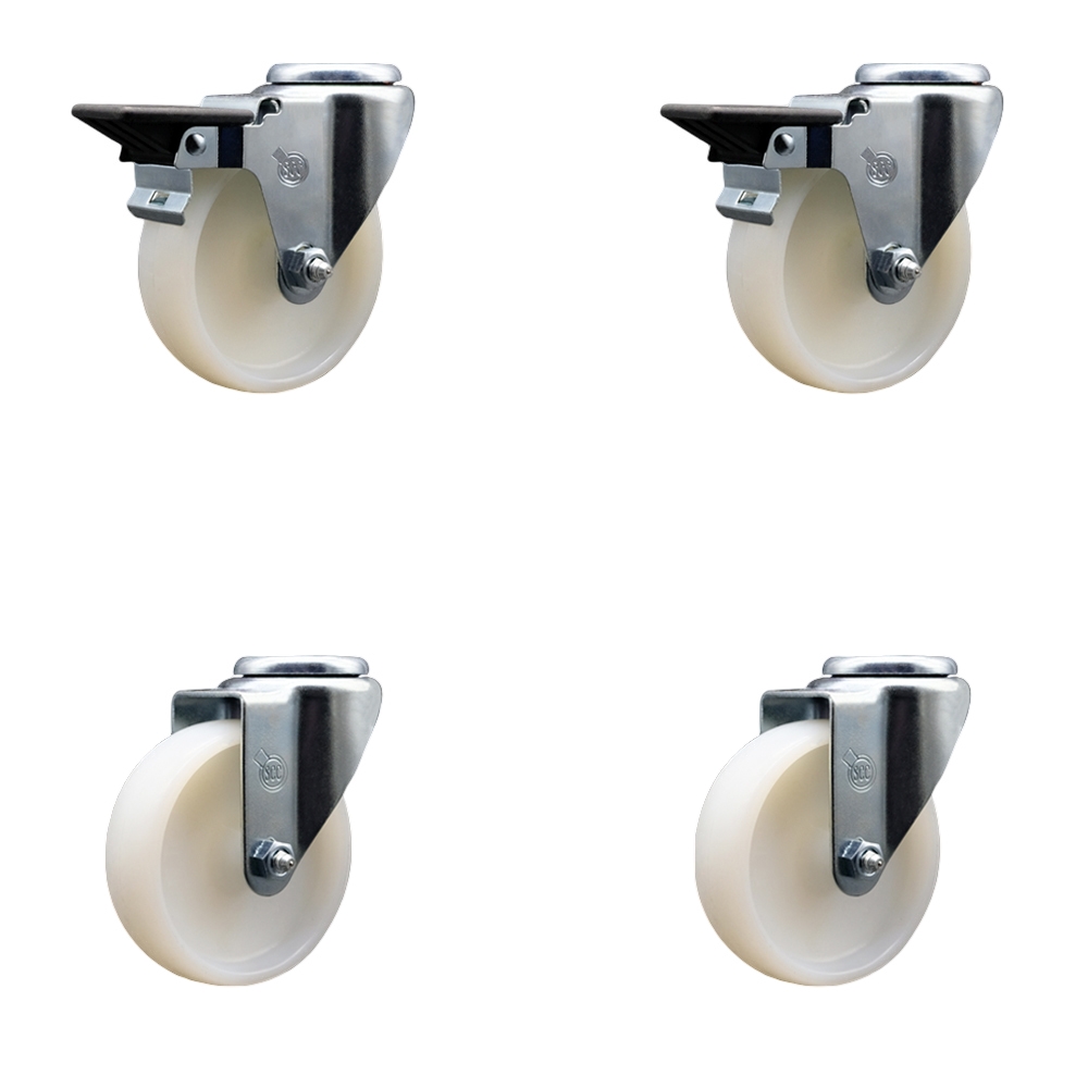Nylon Swivel Bolt Hole Caster Set of 4 w/4" x 1.25" White Wheels - Includes 2 with Posi Locking Brakes - 1200 lbs Total Capacity - Service Caster Brand — photo 1