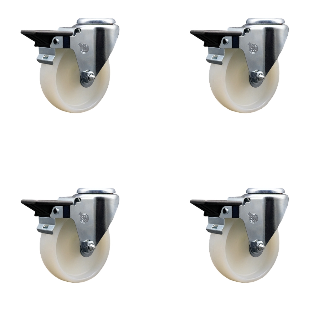 Nylon Swivel Bolt Hole Caster Set of 4 w/4" x 1.25" White Wheels - Includes 4 Swivel with Posi Lock Brakes - 1200 lbs Total Capacity - Service Caster Brand — photo 1