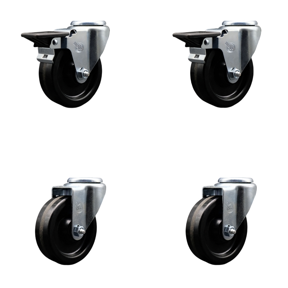 Phenolic Swivel Bolt Hole Caster Set of 4 w/Roller Bearing - 4" x 1.25" Black Wheels - Includes 2 with Posi Locking Brakes - 1200 lbs Total Capacity - Service Caster Brand — photo 1