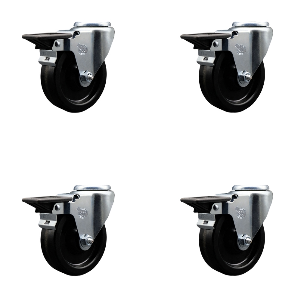 Phenolic Swivel Bolt Hole Caster w/Roller Bearing Set of 4 w/4" x 1.25" Black Wheels - Includes 4 Swivel with Posi Lock Brakes - 1200 lbs Total Capacity - Service Caster Brand — photo 1