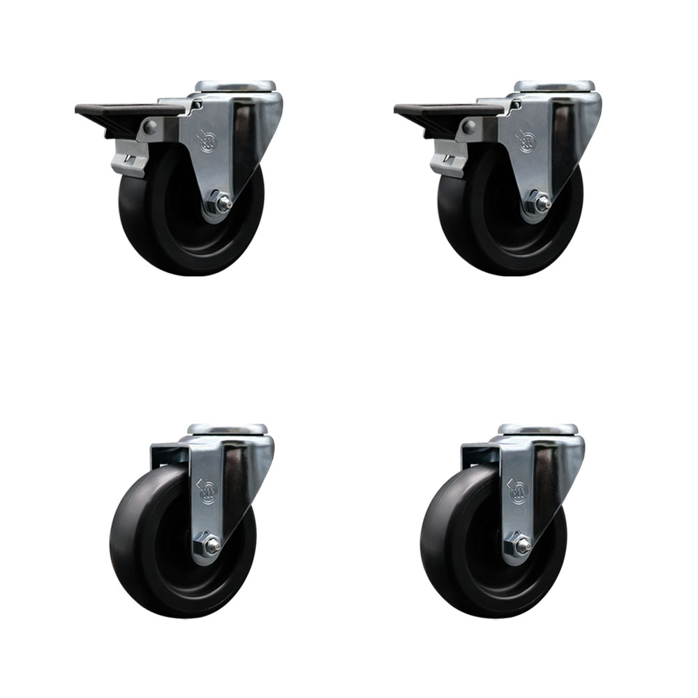 Polyolefin Swivel Bolt Hole Caster Wheels Set of 4 with 4 Inch Black Wheels - Includes 2 with Posi Lock Brakes - 1400 lbs. Total Capacity - Service Caster Brand — photo 1
