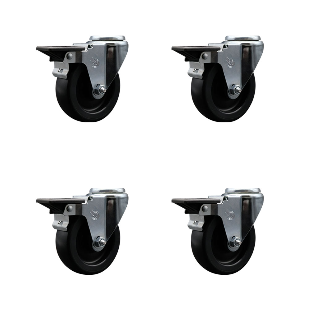 Polyolefin Swivel Bolt Hole Caster Wheels Set of 4 with 4 Inch Black Wheels - Includes 4 Swivel with Posi Lock Brakes - 1400 lbs. Total Capacity - Service Caster Brand — photo 1
