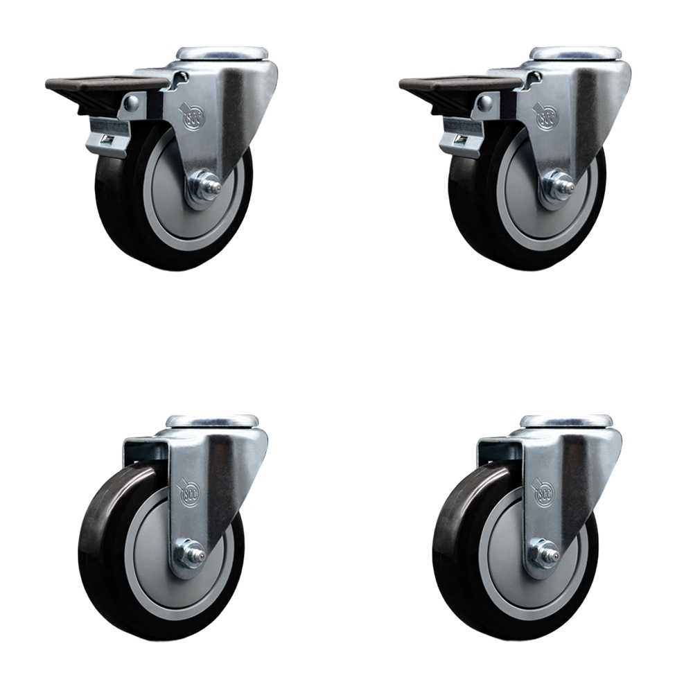 Polyurethane Swivel Bolt Hole Caster Set of 4 w/4" x 1.25" Black Wheels - Includes 2 with Posi Locking Brakes - 1400 lbs Total Capacity - Service Caster Brand — photo 1