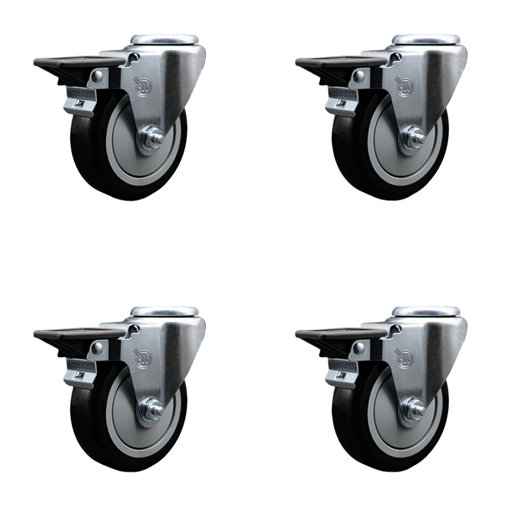 Polyurethane Swivel Bolt Hole Caster Set of 4 w/4" x 1.25" Black Wheels - Includes 4 Swivel with Posi Lock Brakes - 1400 lbs Total Capacity - Service Caster Brand — photo 1