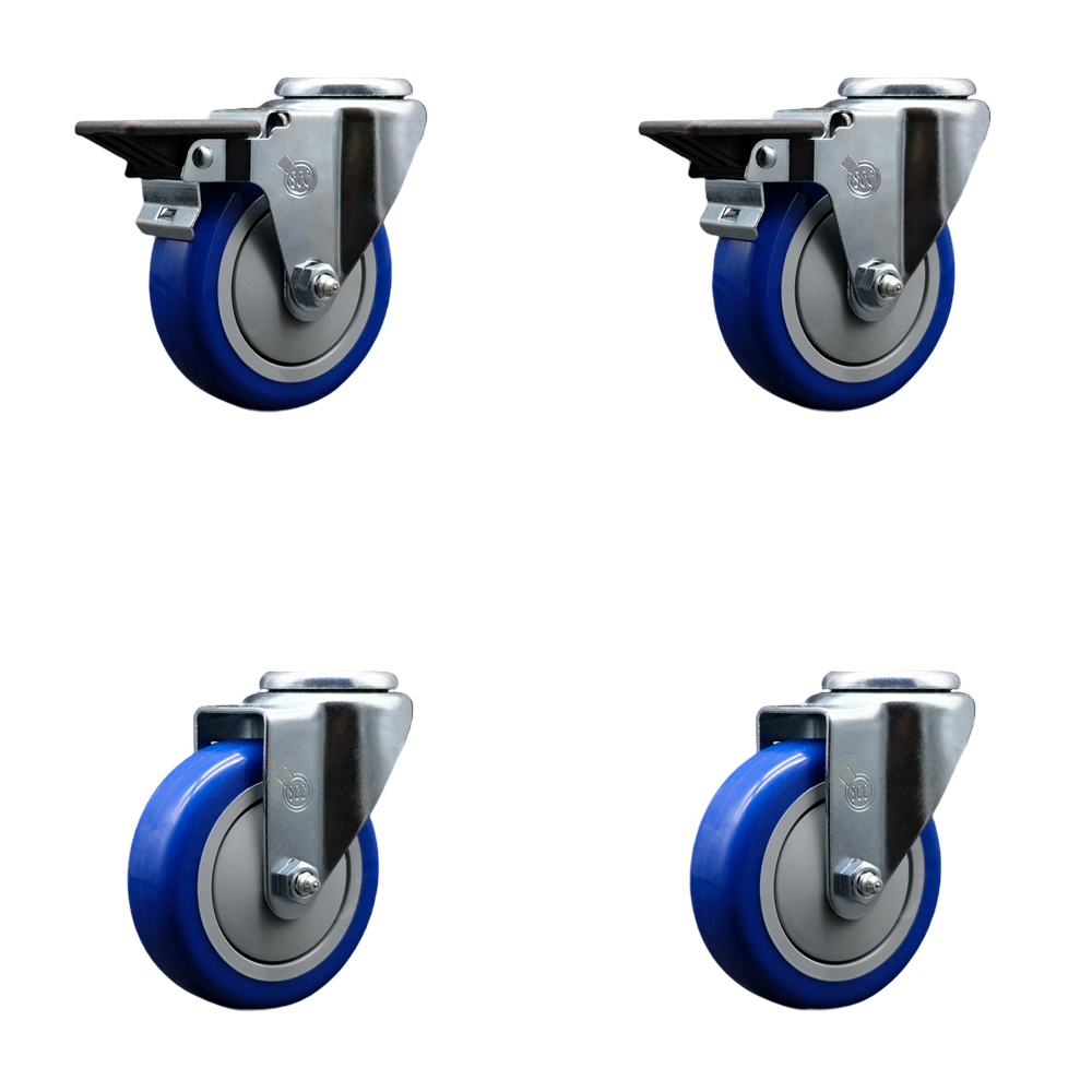 Polyurethane Swivel Bolt Hole Caster Set of 4 w/4" x 1.25" Blue Wheels - Includes 2 with Posi Locking Brakes - 1400 lbs Total Capacity - Service Caster Brand — photo 1
