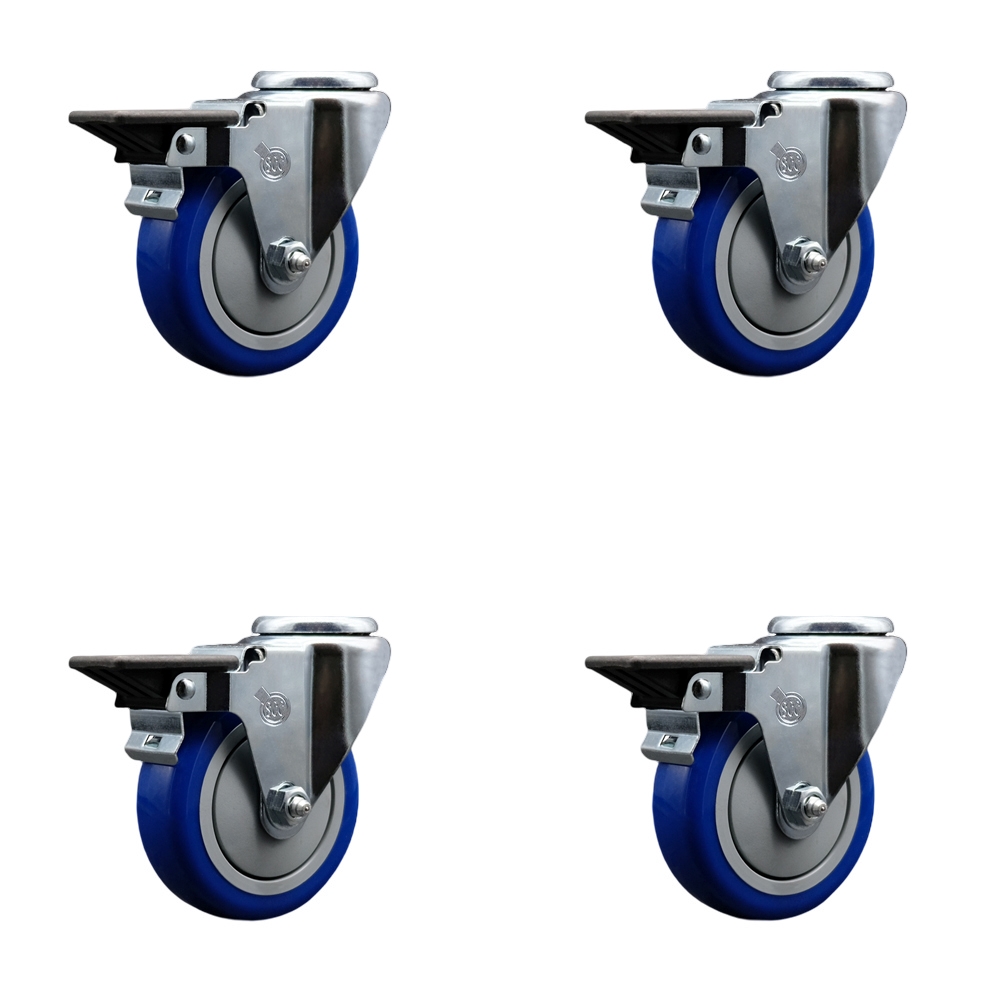Polyurethane Swivel Bolt Hole Caster Set of 4 w/4" x 1.25" Blue Wheels - Includes 4 Swivel with Posi Lock Brakes - 1400 lbs Total Capacity - Service Caster Brand — photo 1
