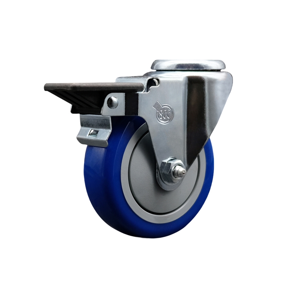 Polyurethane Swivel Bolt Hole Caster w/4" x 1.25" Blue Wheel & Posi Locking Brake - 350 lbs Capacity/Caster - Service Caster Brand — photo 1