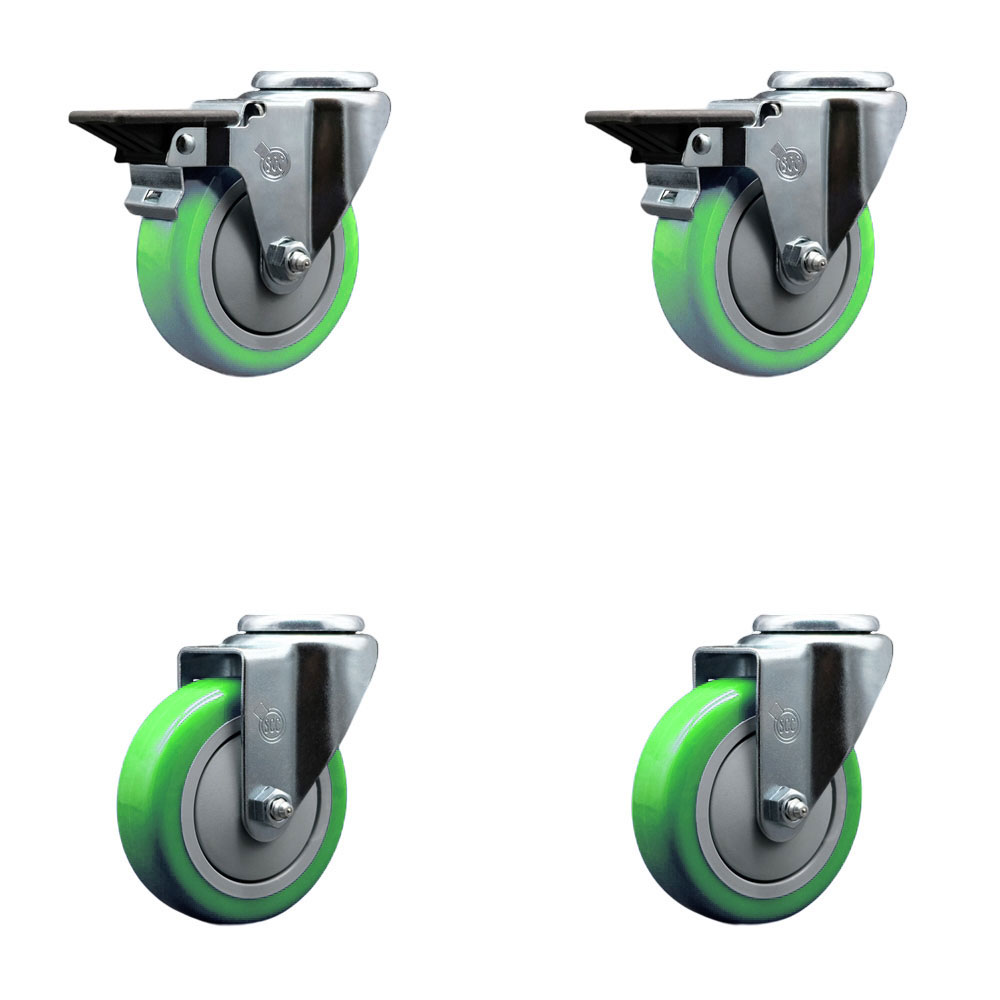 Polyurethane Swivel Bolt Hole Caster Set of 4 w/4" x 1.25" Green Wheels - Includes 2 with Posi Locking Brakes - 1400 lbs Total Capacity - Service Caster Brand — photo 1