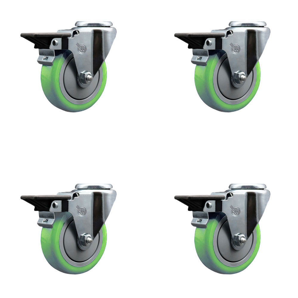 Polyurethane Swivel Bolt Hole Caster Set of 4 w/4" x 1.25" Green Wheels - Includes 4 Swivel with Posi Lock Brakes - 1400 lbs Total Capacity - Service Caster Brand — photo 1