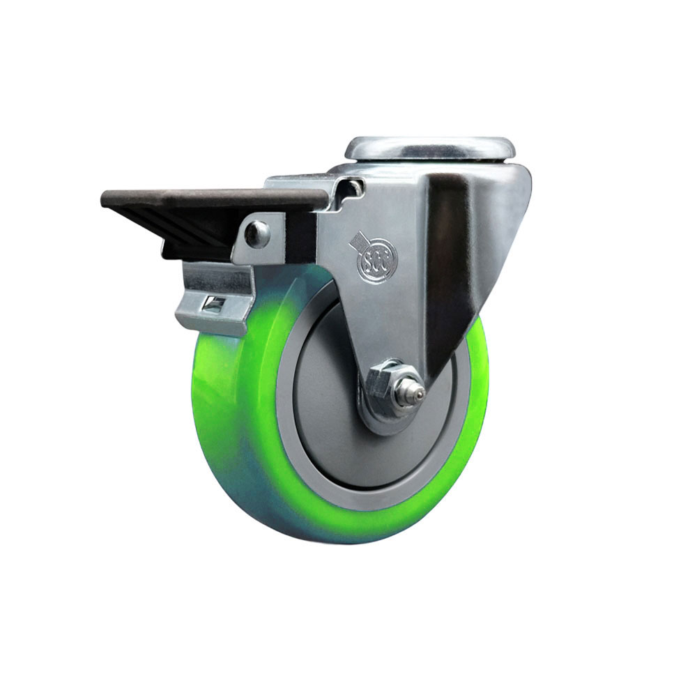 Polyurethane Swivel Bolt Hole Caster w/4" x 1.25" Green Wheel & Posi Locking Brake - 350 lbs Capacity/Caster - Service Caster Brand — photo 1