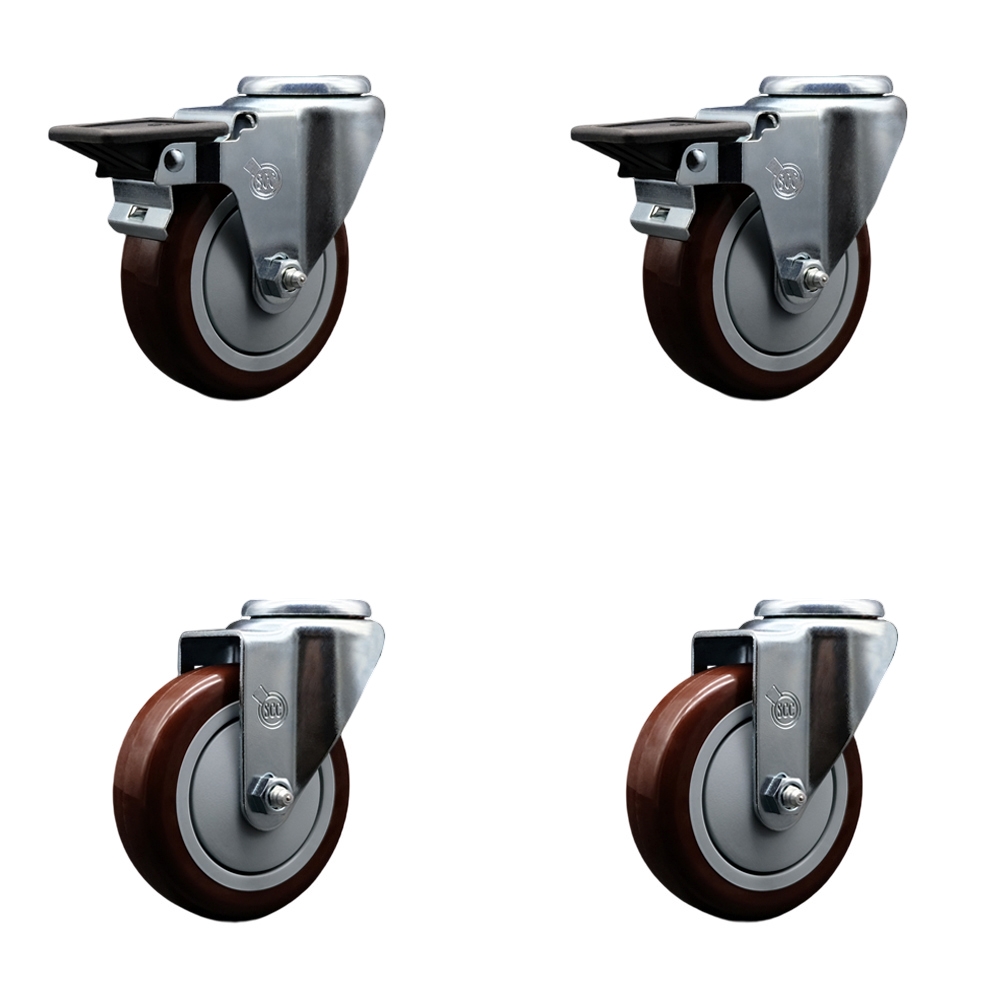 Polyurethane Swivel Bolt Hole Caster Set of 4 w/4" x 1.25" Maroon Wheels - Includes 2 with Posi Locking Brakes - 1400 lbs Total Capacity - Service Caster Brand — photo 1