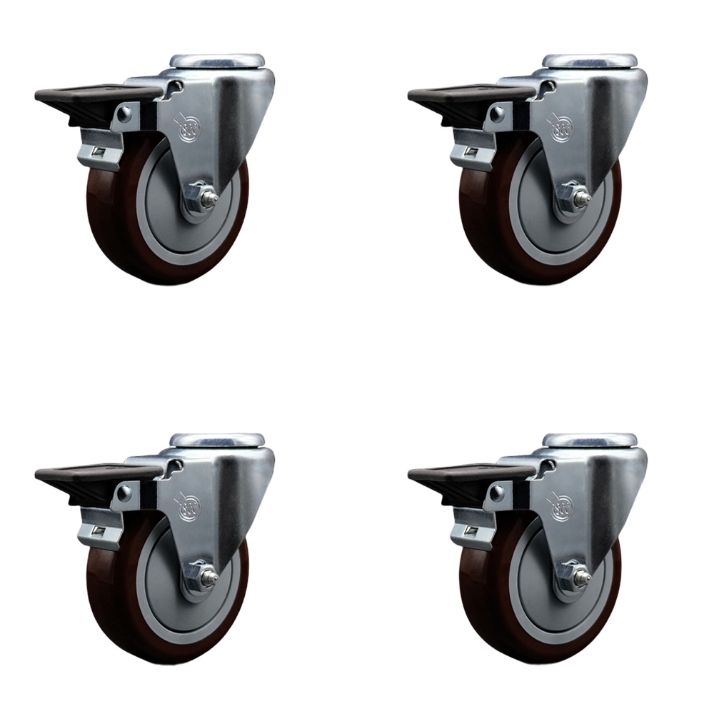 Polyurethane Swivel Bolt Hole Caster Set of 4 w/4" x 1.25" Maroon Wheels - Includes 4 Swivel with Posi Lock Brakes - 1400 lbs Total Capacity - Service Caster Brand — photo 1