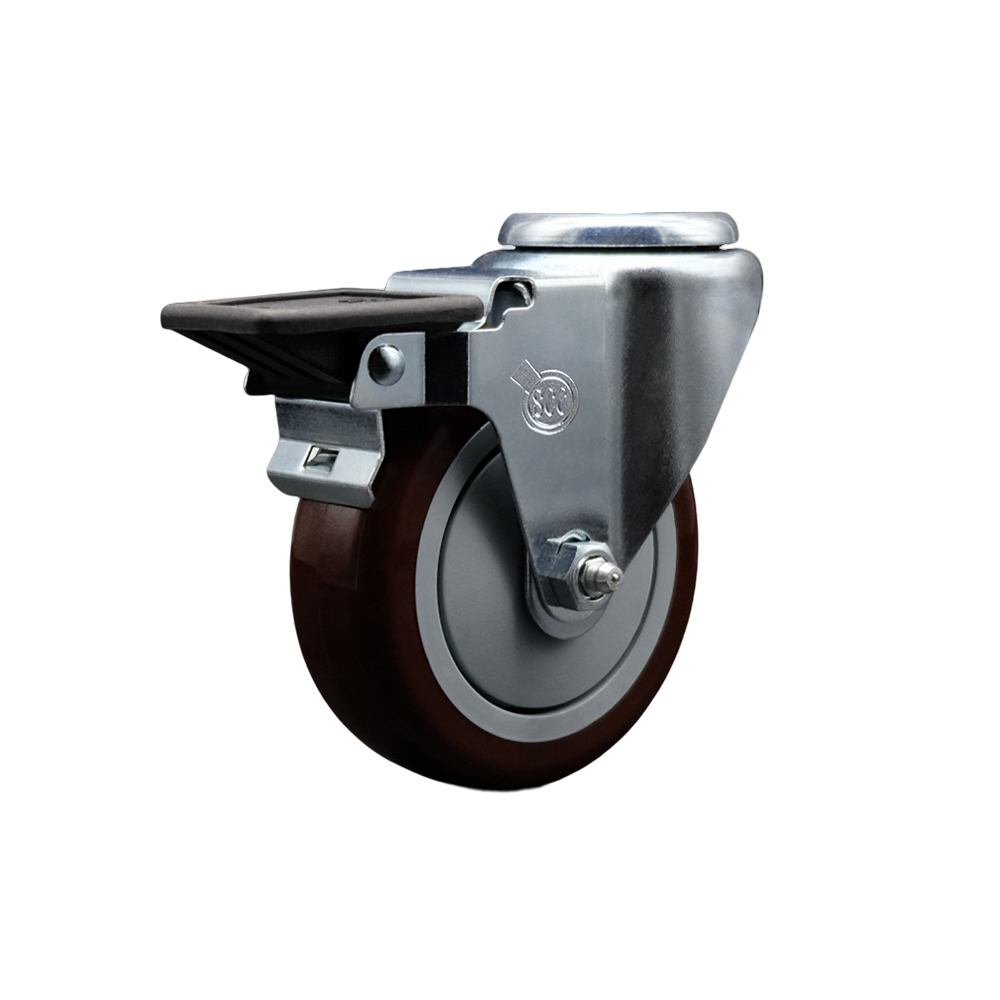 Polyurethane Swivel Bolt Hole Caster w/4" x 1.25" Maroon Wheel & Posi Locking Brake - 350 lbs Capacity/Caster - Service Caster Brand — photo 1