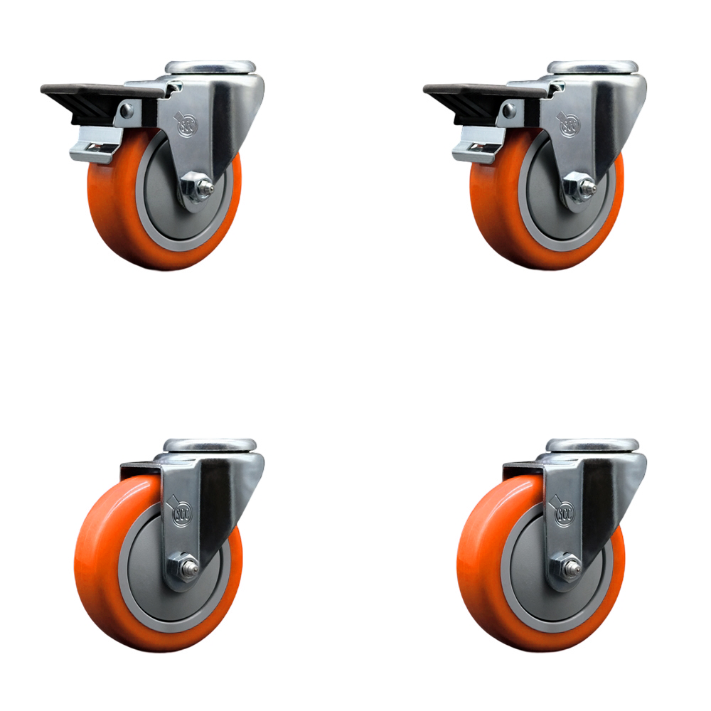 Polyurethane Swivel Bolt Hole Caster Set of 4 w/4" x 1.25" Orange Wheels - Includes 2 with Posi Locking Brakes - 1400 lbs Total Capacity - Service Caster Brand — photo 1
