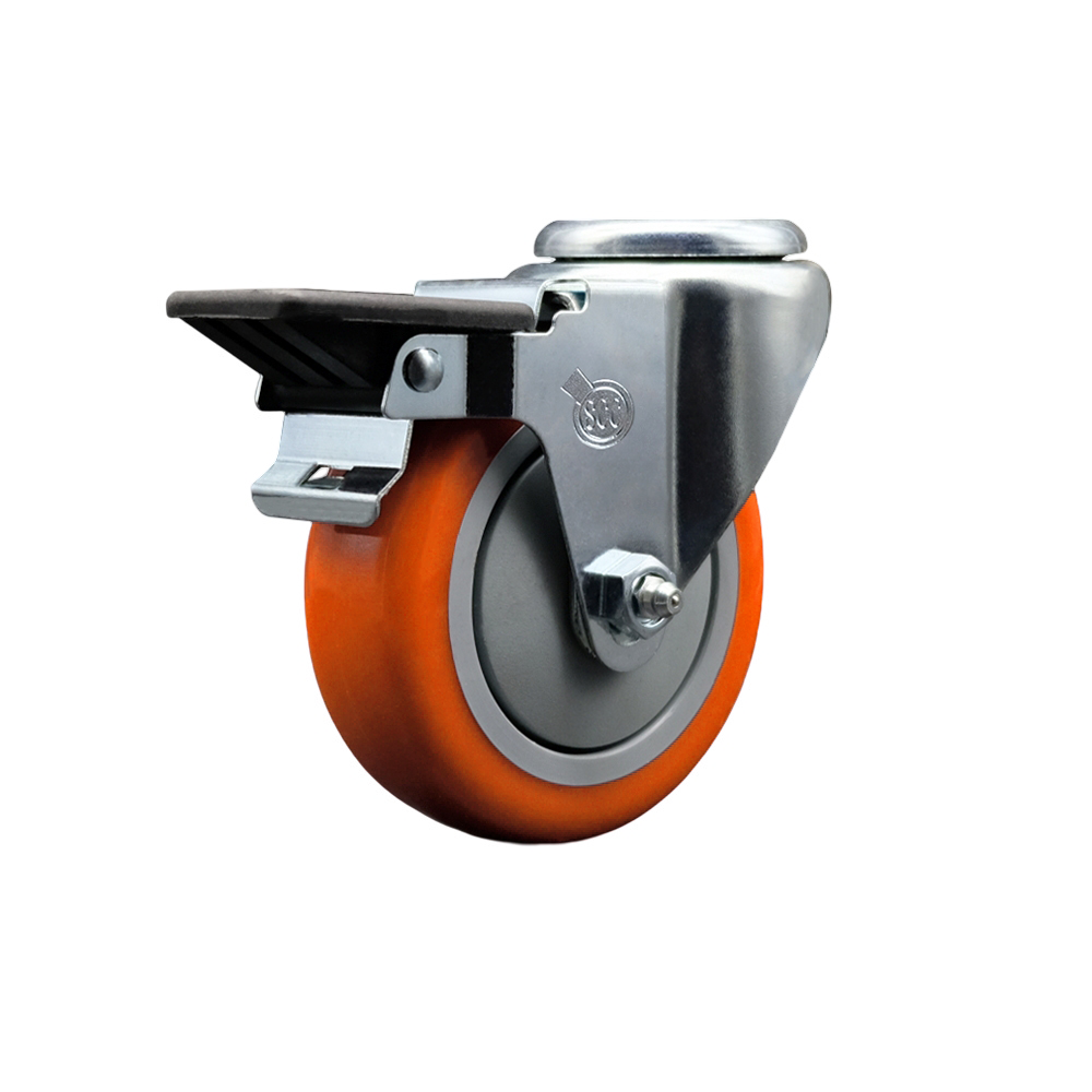 Polyurethane Swivel Bolt Hole Caster w/4" x 1.25" Orange Wheel & Posi Locking Brake - 350 lbs Capacity/Caster - Service Caster Brand — photo 1