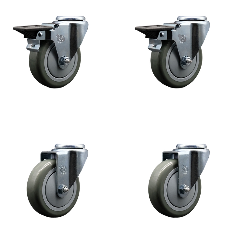 Polyurethane Swivel Bolt Hole Caster Set of 4 w/4" x 1.25" Gray Wheels - Includes 2 with Posi Locking Brakes - 1400 lbs Total Capacity - Service Caster Brand — photo 1