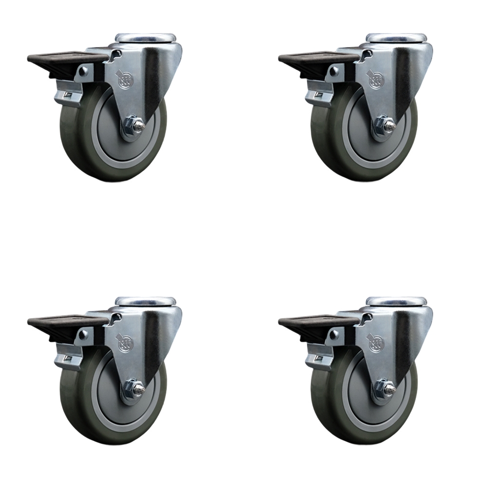 Polyurethane Swivel Bolt Hole Caster Set of 4 w/4" x 1.25" Gray Wheels - Includes 4 Swivel with Posi Lock Brakes - 1400 lbs Total Capacity - Service Caster Brand — photo 1