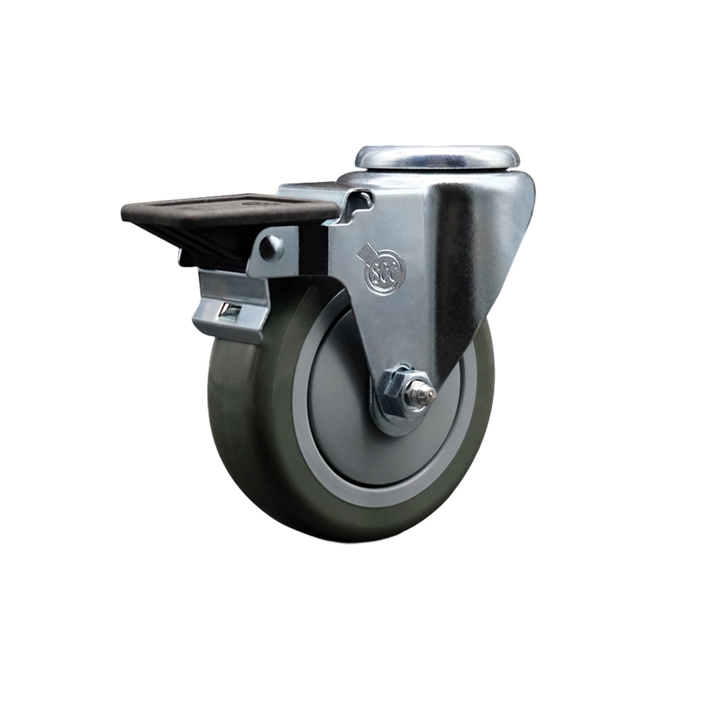Polyurethane Swivel Bolt Hole Caster w/4" x 1.25" Gray Wheel & Posi Locking Brake - 350 lbs Capacity/Caster - Service Caster Brand — photo 1