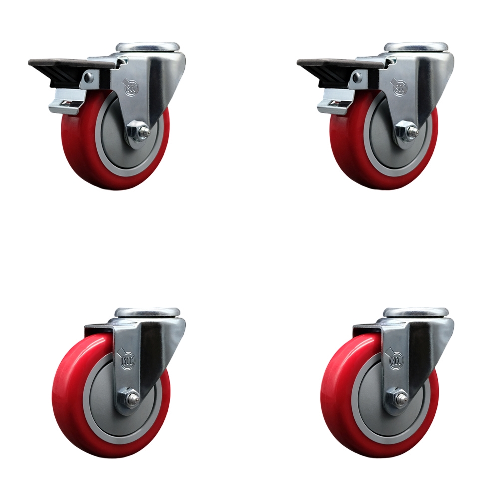 Polyurethane Swivel Bolt Hole Caster Set of 4 w/4" x 1.25" Red Wheels - Includes 2 with Posi Locking Brakes - 1400 lbs Total Capacity - Service Caster Brand — photo 1