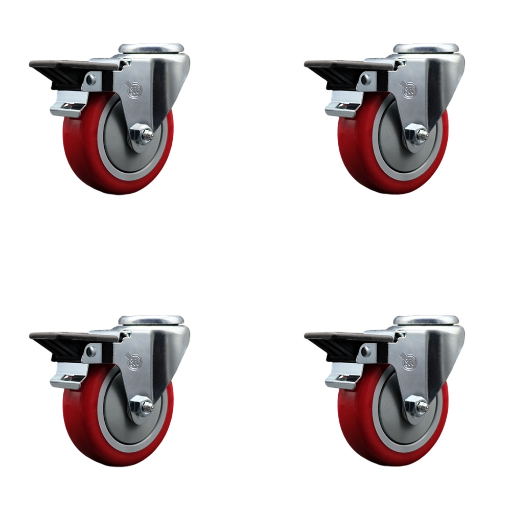 Polyurethane Swivel Bolt Hole Caster Set of 4 w/4" x 1.25" Red Wheels - Includes 4 Swivel with Posi Lock Brakes - 1400 lbs Total Capacity - Service Caster Brand — photo 1