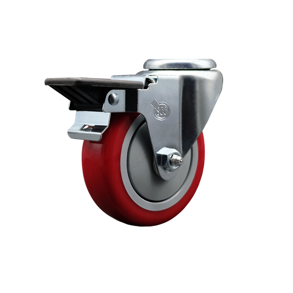 Polyurethane Swivel Bolt Hole Caster w/4" x 1.25" Red Wheel & Posi Locking Brake - 350 lbs Capacity/Caster - Service Caster Brand — photo 1