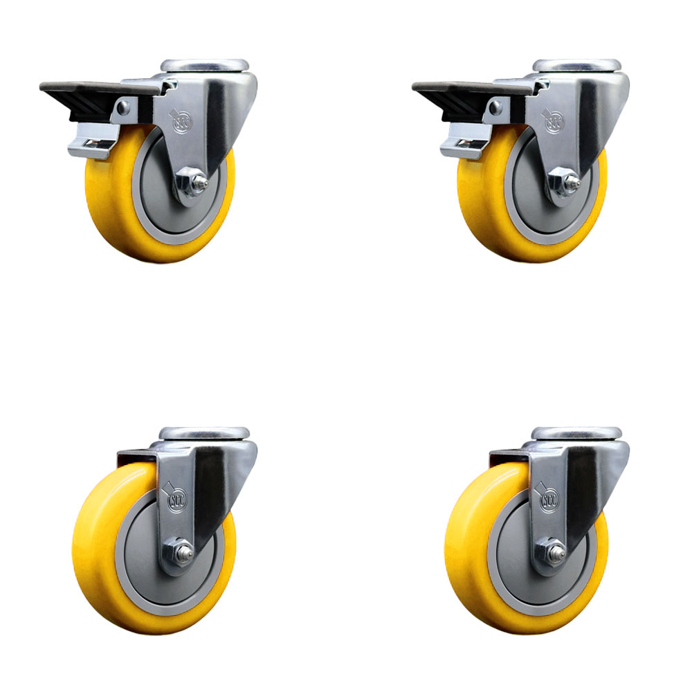 Polyurethane Swivel Bolt Hole Caster Set of 4 w/4" x 1.25" Yellow Wheels - Includes 2 with Posi Locking Brakes - 1400 lbs Total Capacity - Service Caster Brand — photo 1