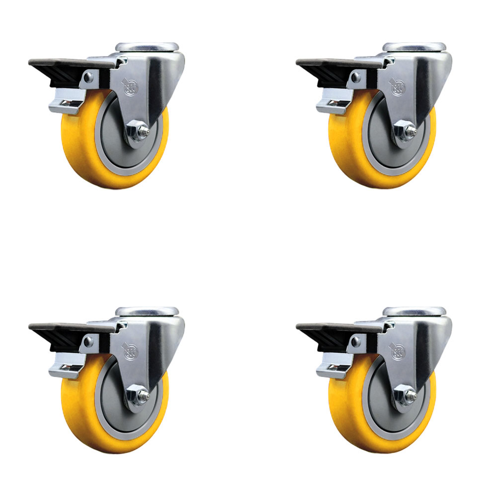 Polyurethane Swivel Bolt Hole Caster Set of 4 w/4" x 1.25" Yellow Wheels - Includes 4 Swivel with Posi Lock Brakes - 1400 lbs Total Capacity - Service Caster Brand — photo 1
