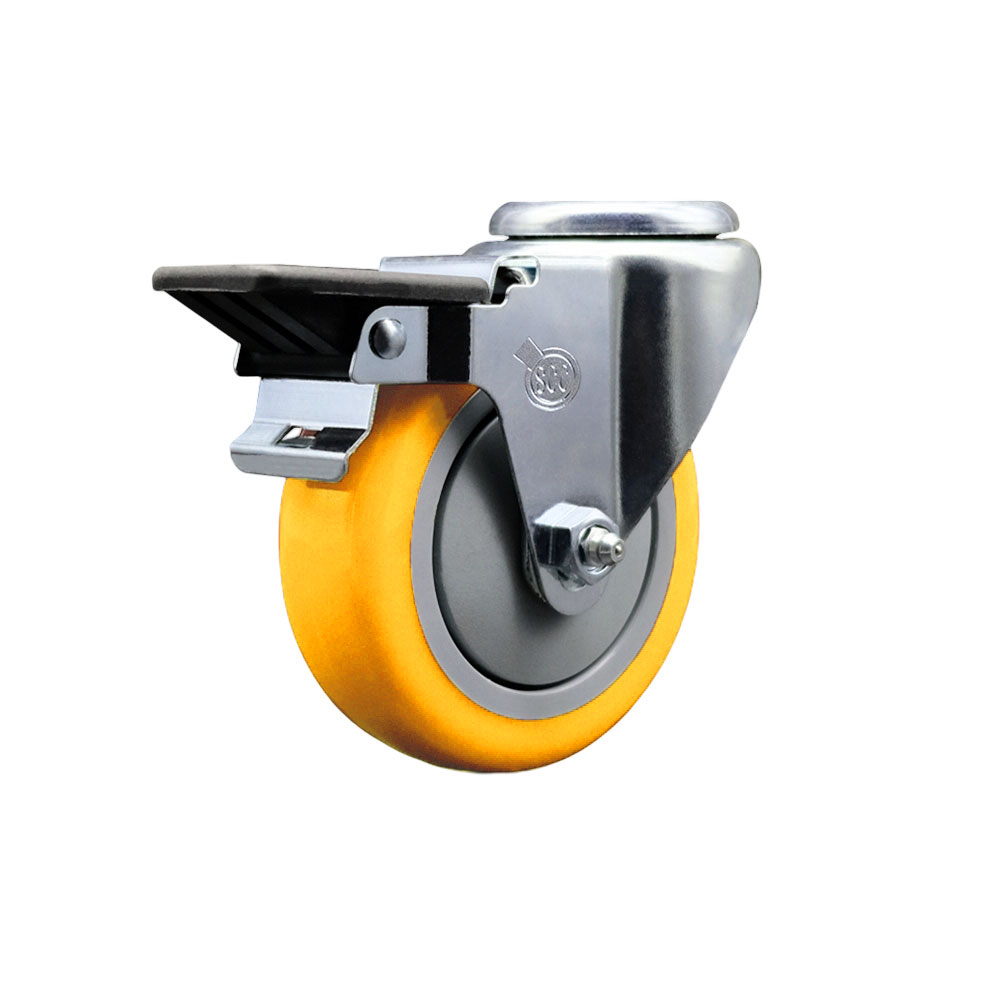 Polyurethane Swivel Bolt Hole Caster w/4" x 1.25" Yellow Wheel & Posi Locking Brake - 350 lbs Capacity/Caster - Service Caster Brand — photo 1