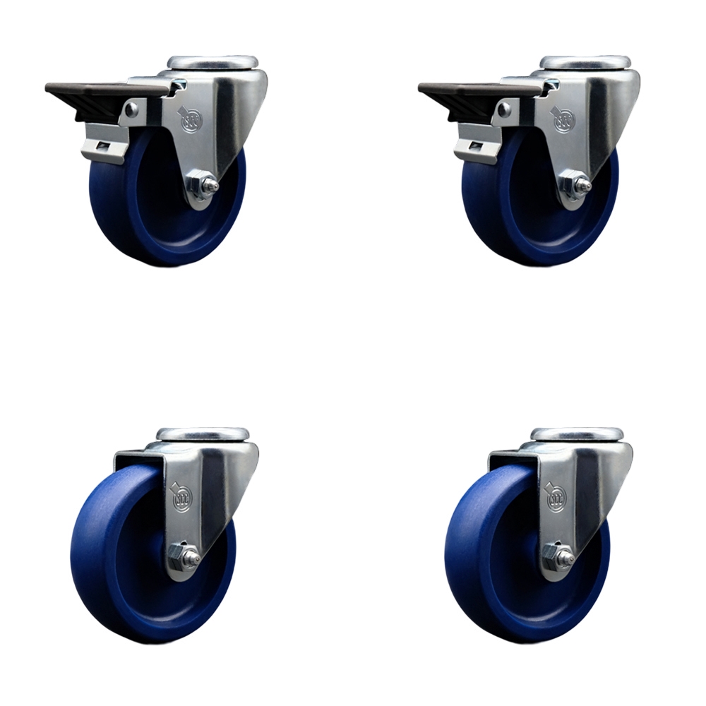 Solid Polyurethane Swivel Bolt Hole Caster Set of 4 w/4" x 1.25" Blue Wheels - Includes 2 with Posi Locking Brakes - 1200 lbs Total Capacity - Service Caster Brand — photo 1