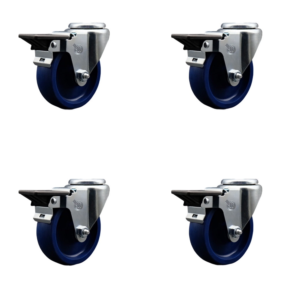 Solid Polyurethane Swivel Bolt Hole Caster Set of 4 w/4" x 1.25" Blue Wheels - Includes 4 Swivel with Posi Lock Brakes - 1200 lbs Total Capacity - Service Caster Brand — photo 1